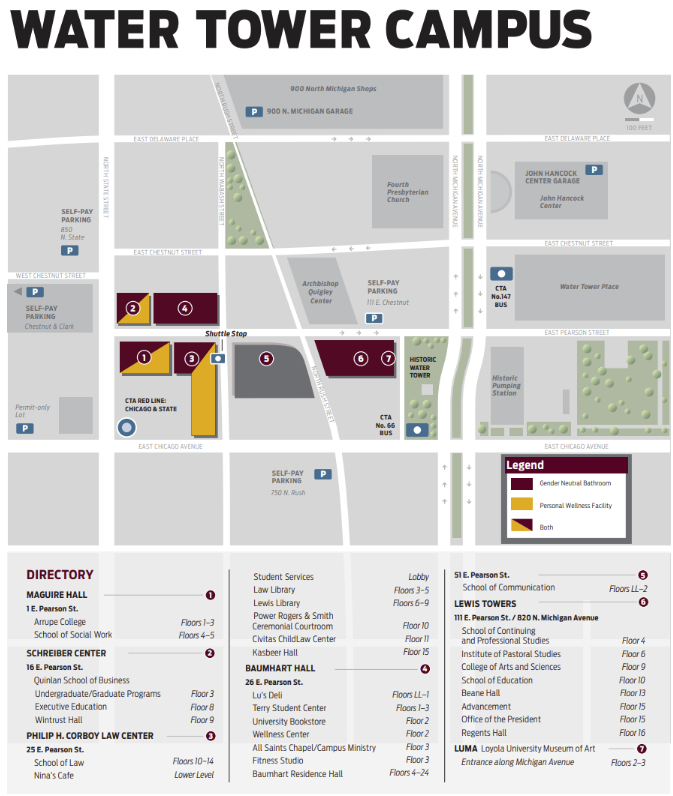 Map of Water Tower Campus, indicating the buildings that have either a gender neutral bathroom, a personal wellness facility, or both